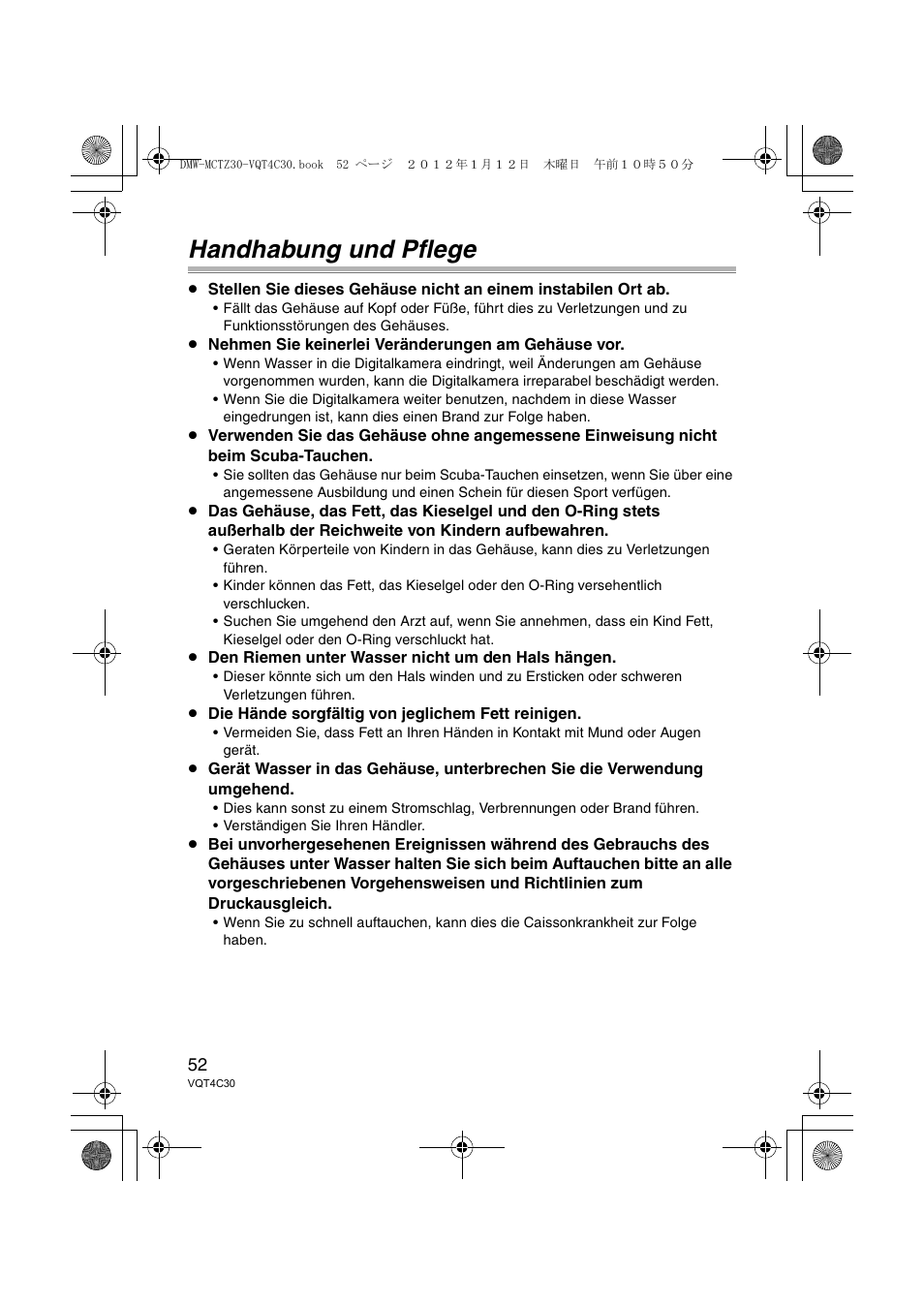 Handhabung und pflege | Panasonic DMWMCTZ30E User Manual | Page 52 / 184