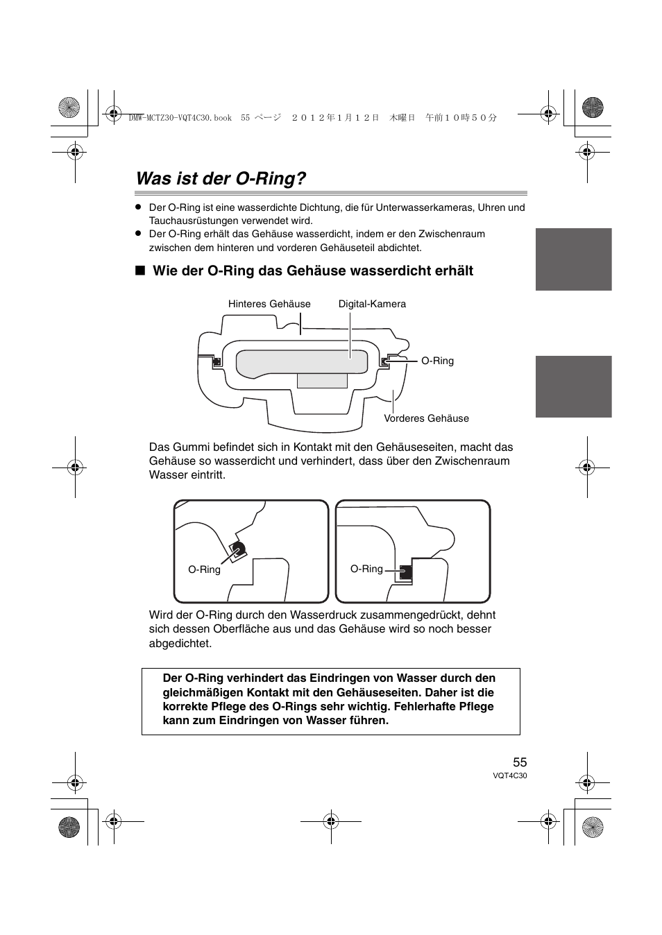 Was ist der o-ring, Wie der o-ring das gehäuse wasserdicht erhält | Panasonic DMWMCTZ30E User Manual | Page 55 / 184