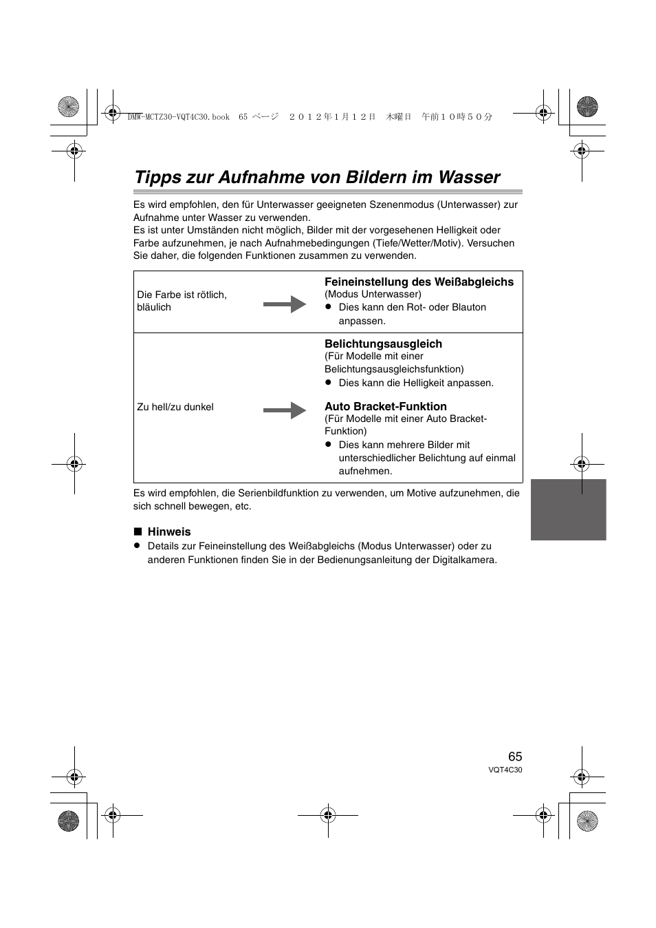 Tipps zur aufnahme von bildern im wasser | Panasonic DMWMCTZ30E User Manual | Page 65 / 184