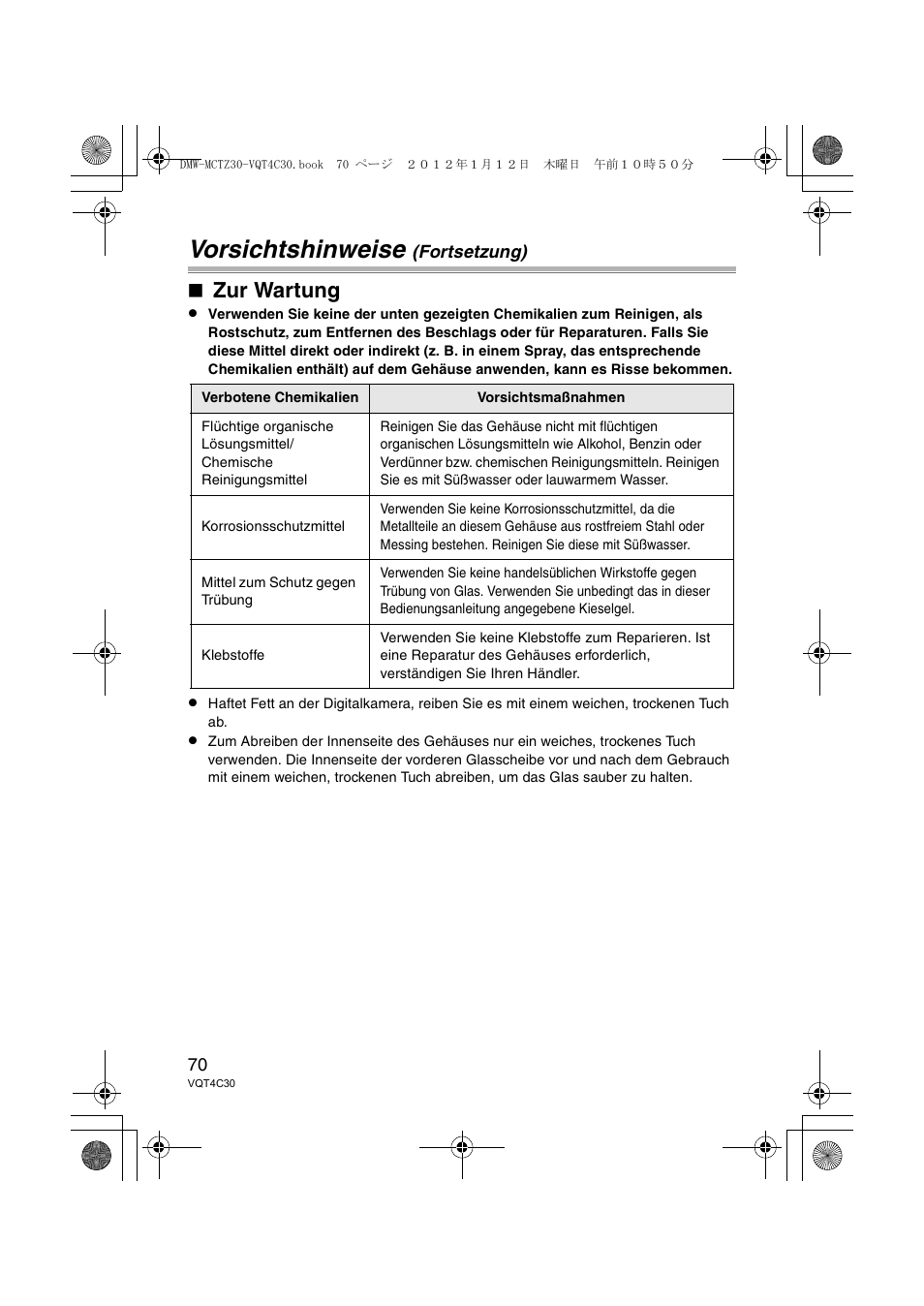 Vorsichtshinweise, Zur wartung | Panasonic DMWMCTZ30E User Manual | Page 70 / 184