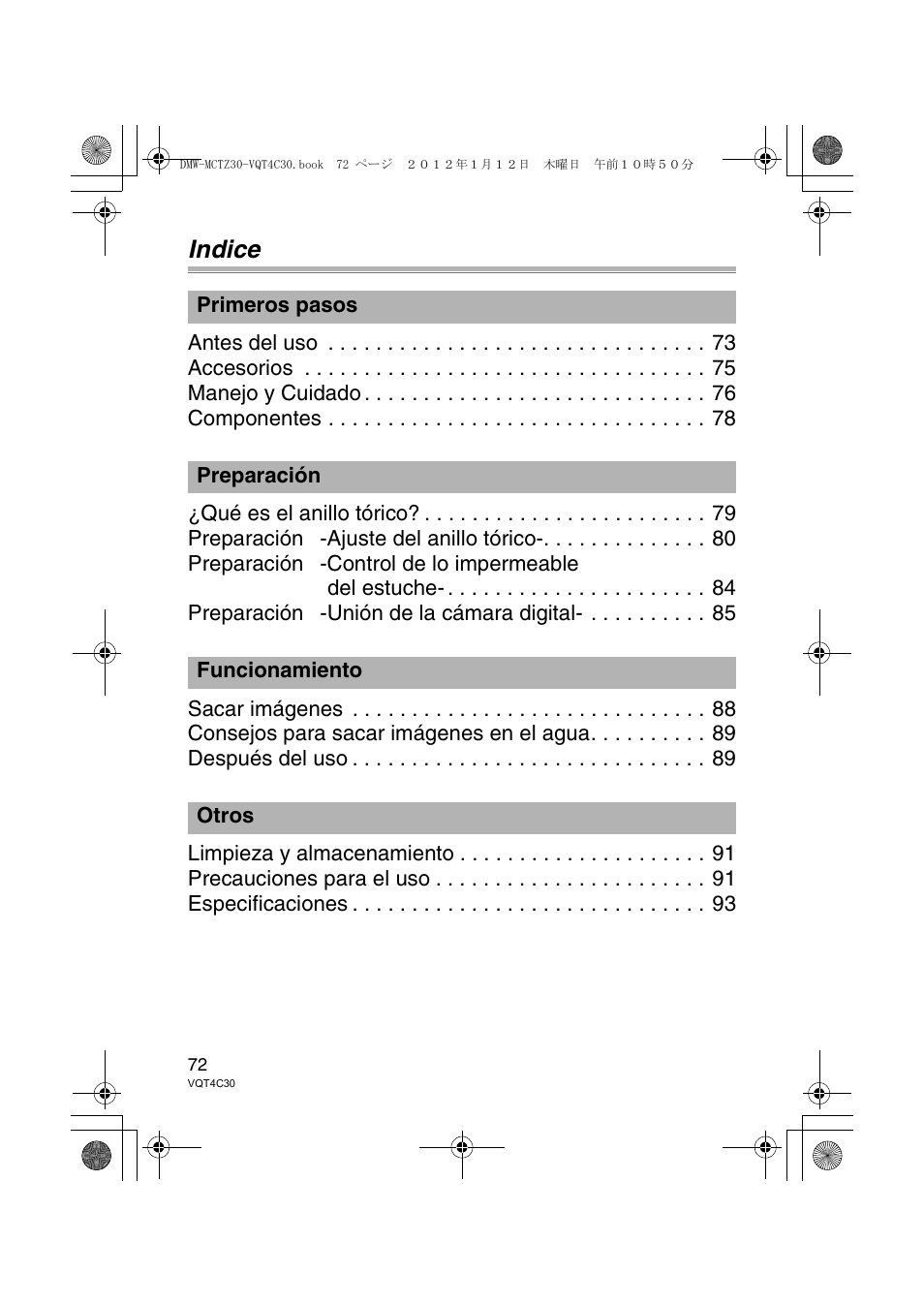 Indice | Panasonic DMWMCTZ30E User Manual | Page 72 / 184