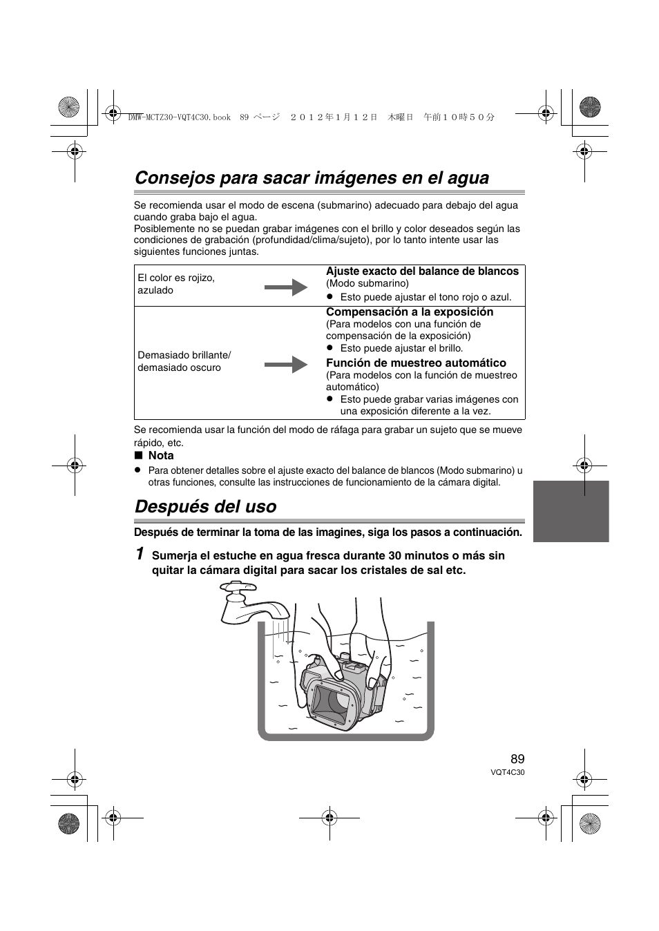 Consejos para sacar imágenes en el agua, Después del uso | Panasonic DMWMCTZ30E User Manual | Page 89 / 184