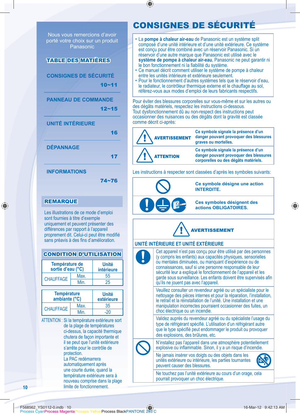 Consignes de sécurité | Panasonic WHSXF12D6E51 User Manual | Page 10 / 76