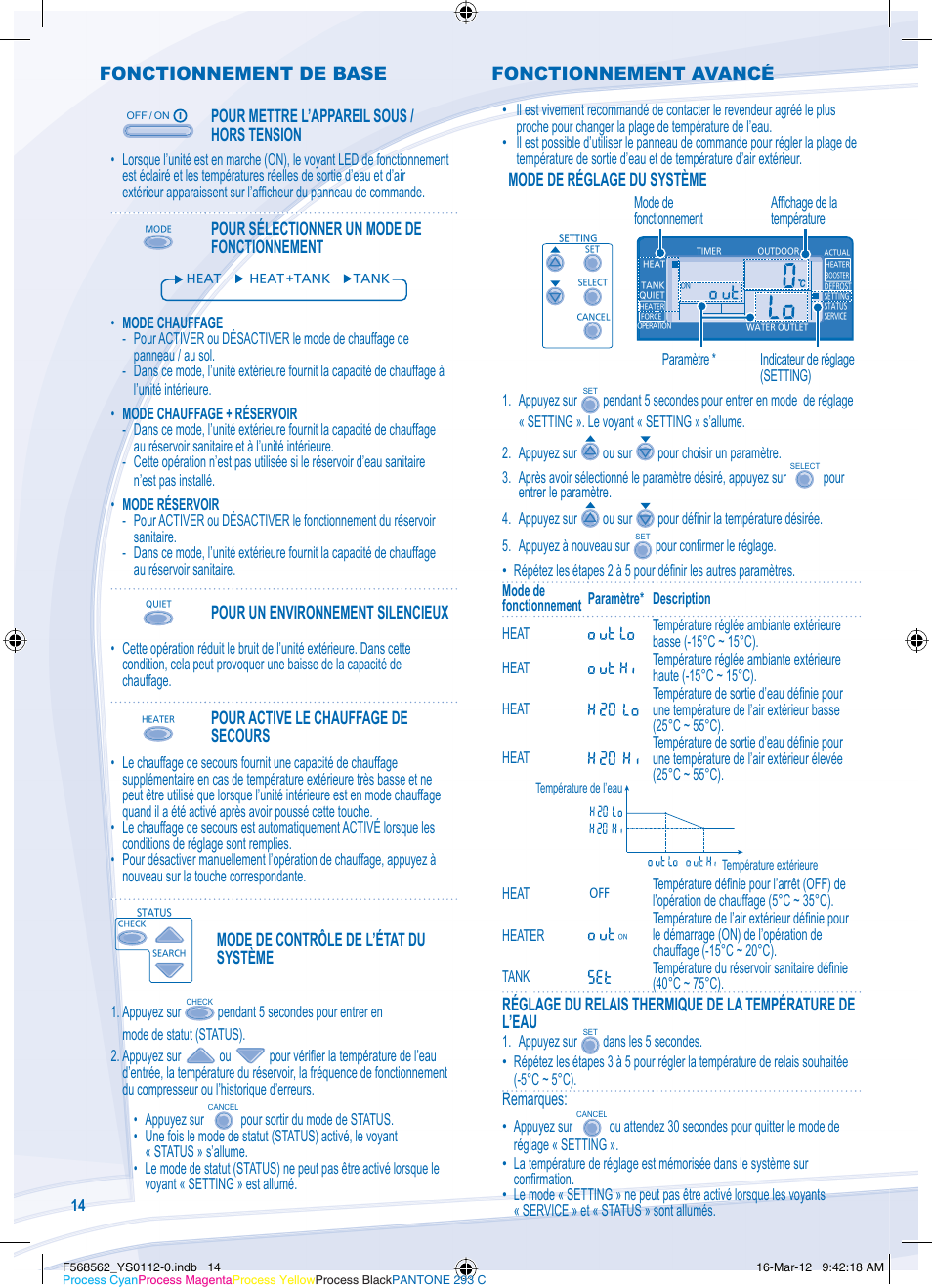 Fonctionnement de base, Pour mettre l’appareil sous / hors tension, Pour sélectionner un mode de fonctionnement | Pour un environnement silencieux, Pour active le chauffage de secours, Mode de contrôle de l’état du système, Mode de réglage du système, Remarques, Fonctionnement avancé | Panasonic WHSXF12D6E51 User Manual | Page 14 / 76