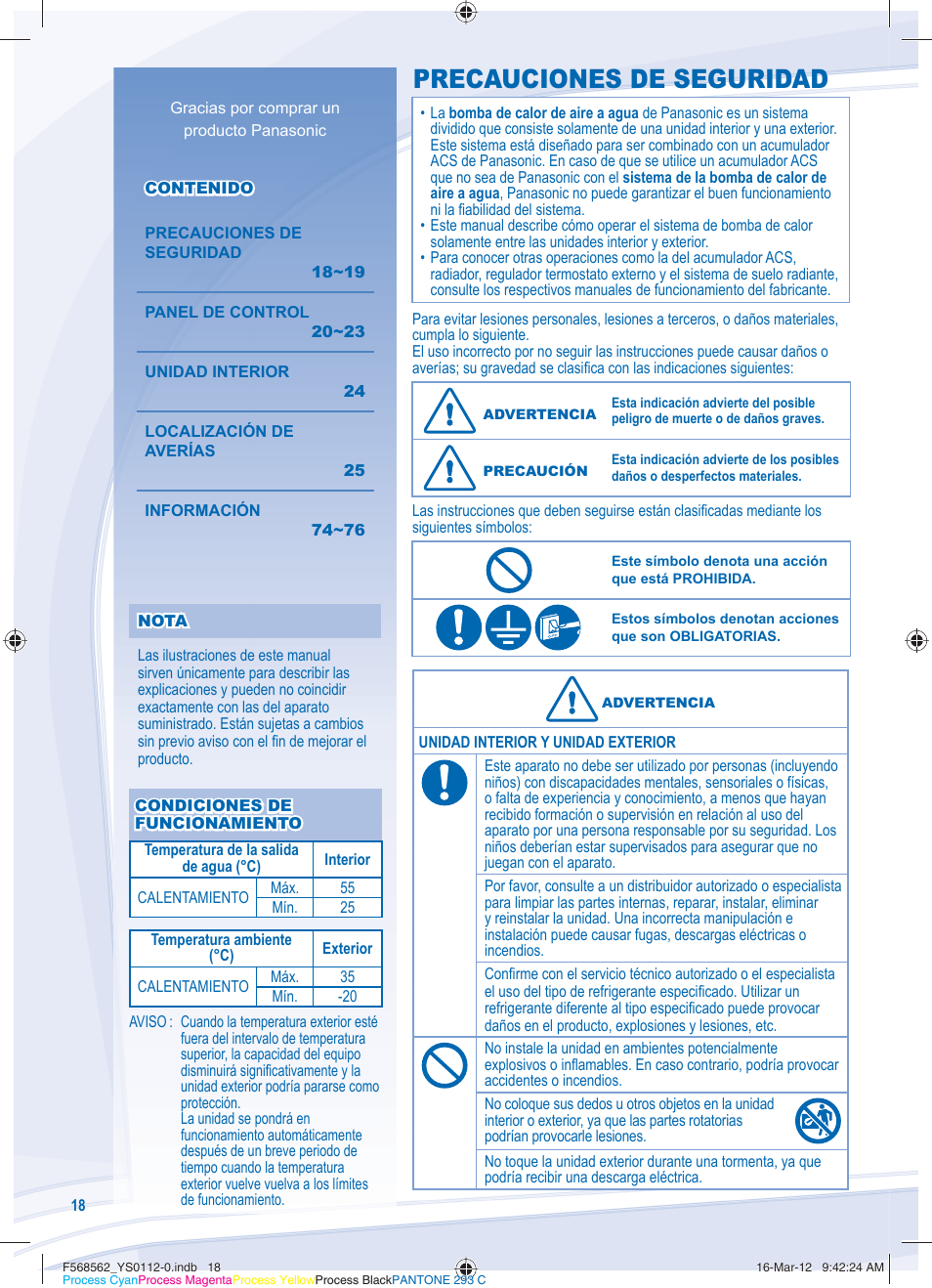 Precauciones de seguridad | Panasonic WHSXF12D6E51 User Manual | Page 18 / 76