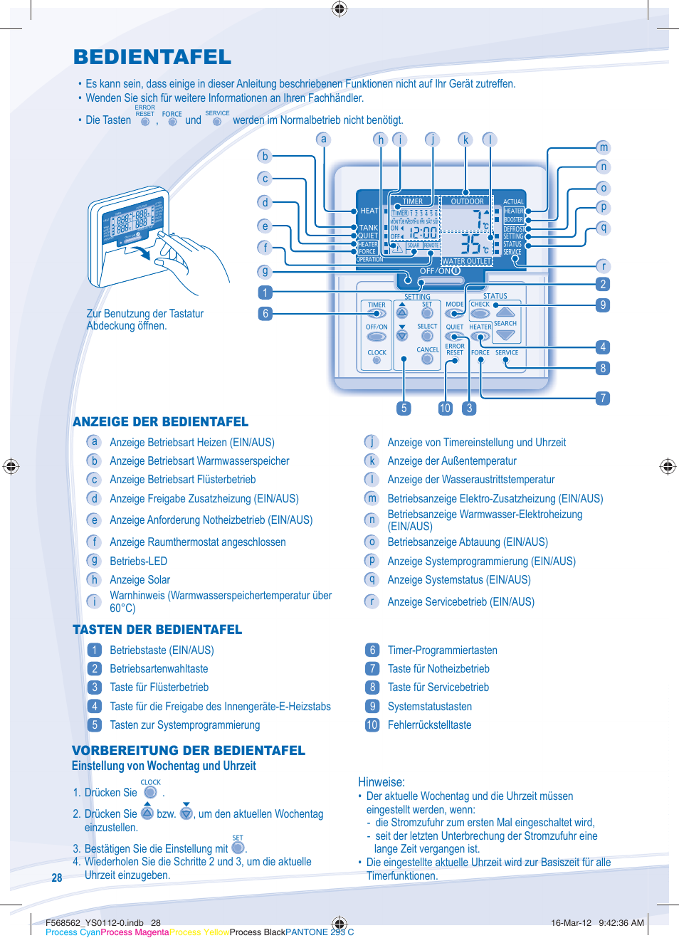 Bedientafel, Anzeige der bedientafel, Tasten der bedientafel | Programmieren von sonderfunktionen, Hinweise, Zur benutzung der tastatur abdeckung öffnen, Werden im normalbetrieb nicht benötigt | Panasonic WHSXF12D6E51 User Manual | Page 28 / 76