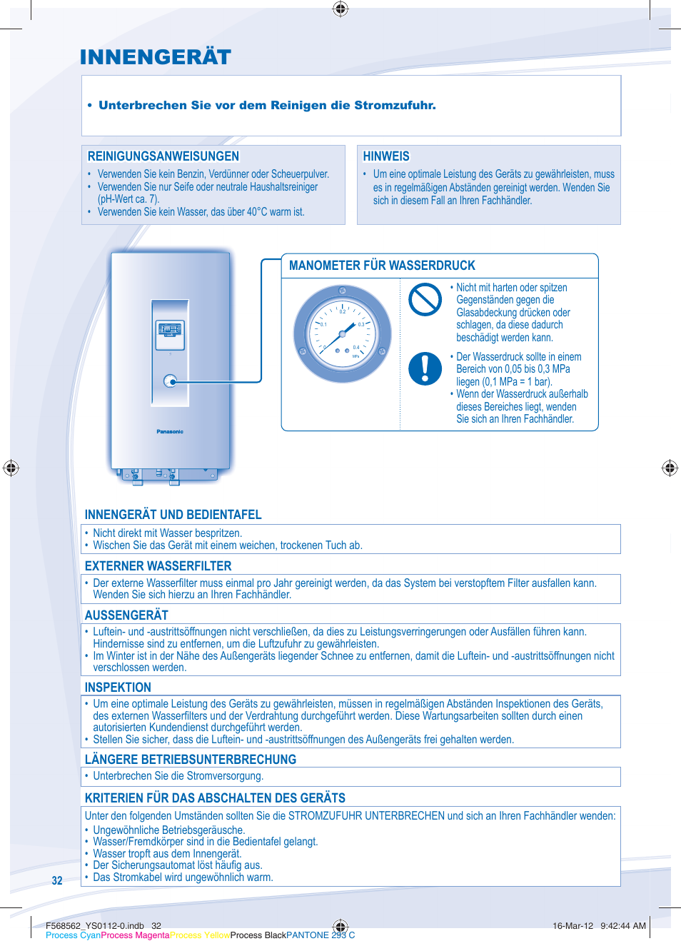 Innengerät, Reinigungsanweisungen, Reinigungsanweisungen hinweis hinweis | Innengerät und bedientafel, Externer wasserfilter, Aussengerät, Inspektion, Längere betriebsunterbrechung, Kriterien für das abschalten des geräts, Manometer für wasserdruck | Panasonic WHSXF12D6E51 User Manual | Page 32 / 76