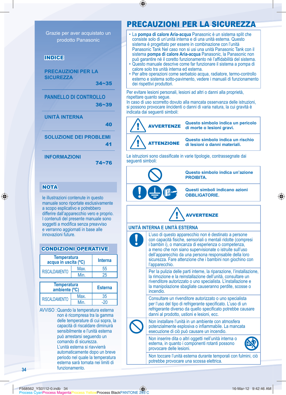 Precauzioni per la sicurezza | Panasonic WHSXF12D6E51 User Manual | Page 34 / 76