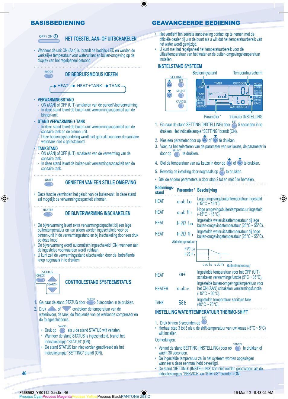 Basisbediening, Het toestel aan- of uitschakelen, De bedrijfsmodus kiezen | Genieten van een stille omgeving, De bijverwarming inschakelen, Controlestand systeemstatus, Instelstand systeem, Instelling watertemperatuur thermo-shift, Geavanceerde bediening | Panasonic WHSXF12D6E51 User Manual | Page 46 / 76