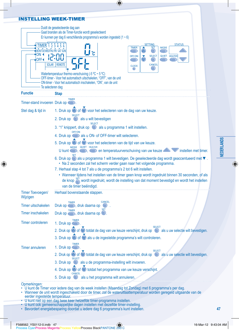 Nederlands, Instelling week-timer | Panasonic WHSXF12D6E51 User Manual | Page 47 / 76