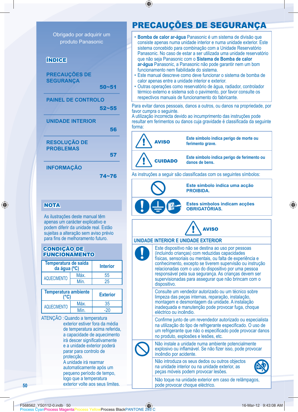 Precauções de segurança | Panasonic WHSXF12D6E51 User Manual | Page 50 / 76