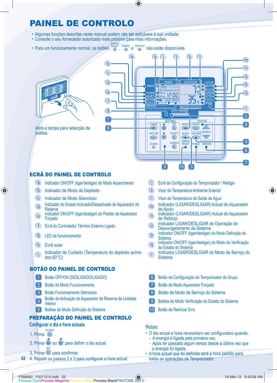 Painel de controlo, Ecrã do painel de controlo, Botão do painel de controlo | Configurar as funções especiais, Notas, Abra a tampa para selecção de botões, Não estão disponíveis, Prima ou para de fi nir o dia actual. 3. prima | Panasonic WHSXF12D6E51 User Manual | Page 52 / 76