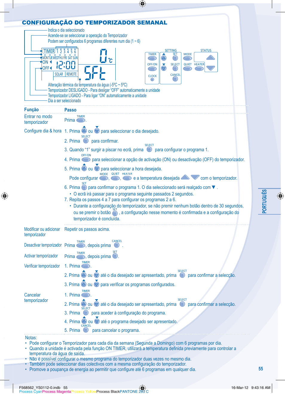 Português, Configuração do temporizador semanal | Panasonic WHSXF12D6E51 User Manual | Page 55 / 76