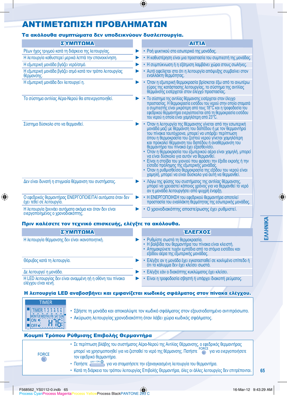 Αντιμετωπιση προβληματων | Panasonic WHSXF12D6E51 User Manual | Page 65 / 76