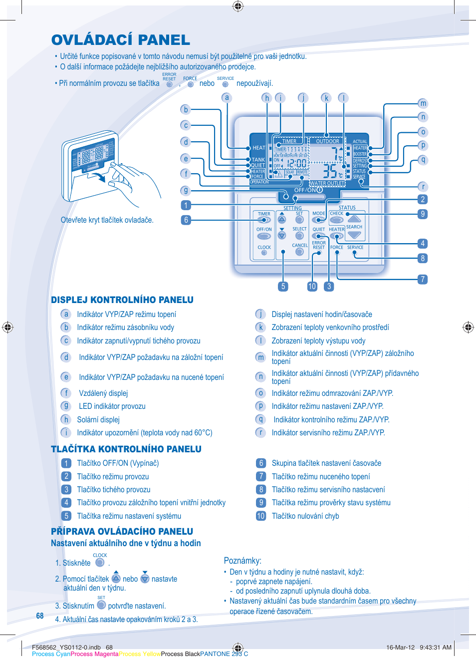 Ovládací panel, Nastavení speciálních funkcí, Displej kontrolního panelu | Tla č ítka kontrolního panelu, Poznámky | Panasonic WHSXF12D6E51 User Manual | Page 68 / 76