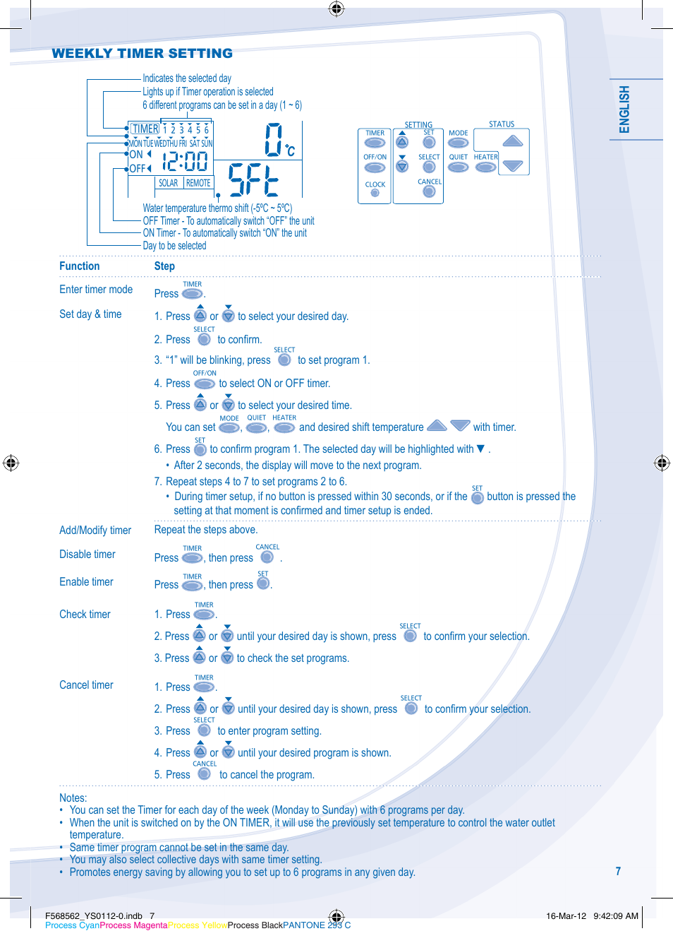 English, Weekly timer setting | Panasonic WHSXF12D6E51 User Manual | Page 7 / 76