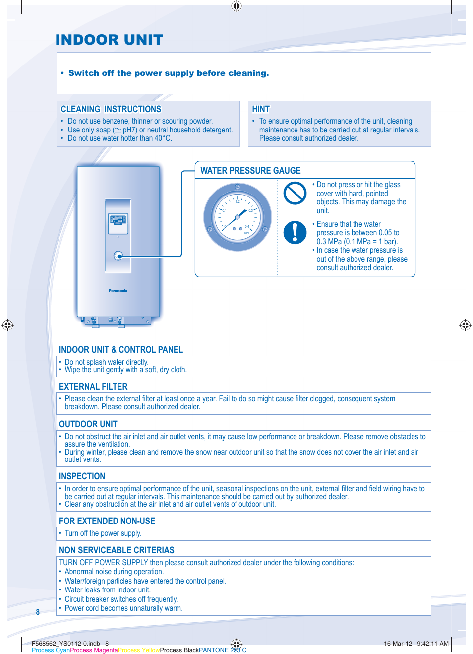 Indoor unit, Cleaning instructions, Cleaning instructions hint hint | Indoor unit & control panel, External filter, Outdoor unit, Inspection, For extended non-use, Non serviceable criterias, Water pressure gauge | Panasonic WHSXF12D6E51 User Manual | Page 8 / 76