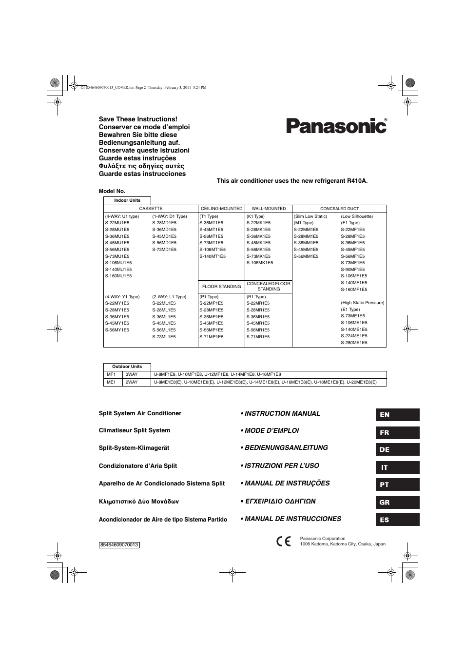 Panasonic Split System Air Conditioner User Manual | 80 pages
