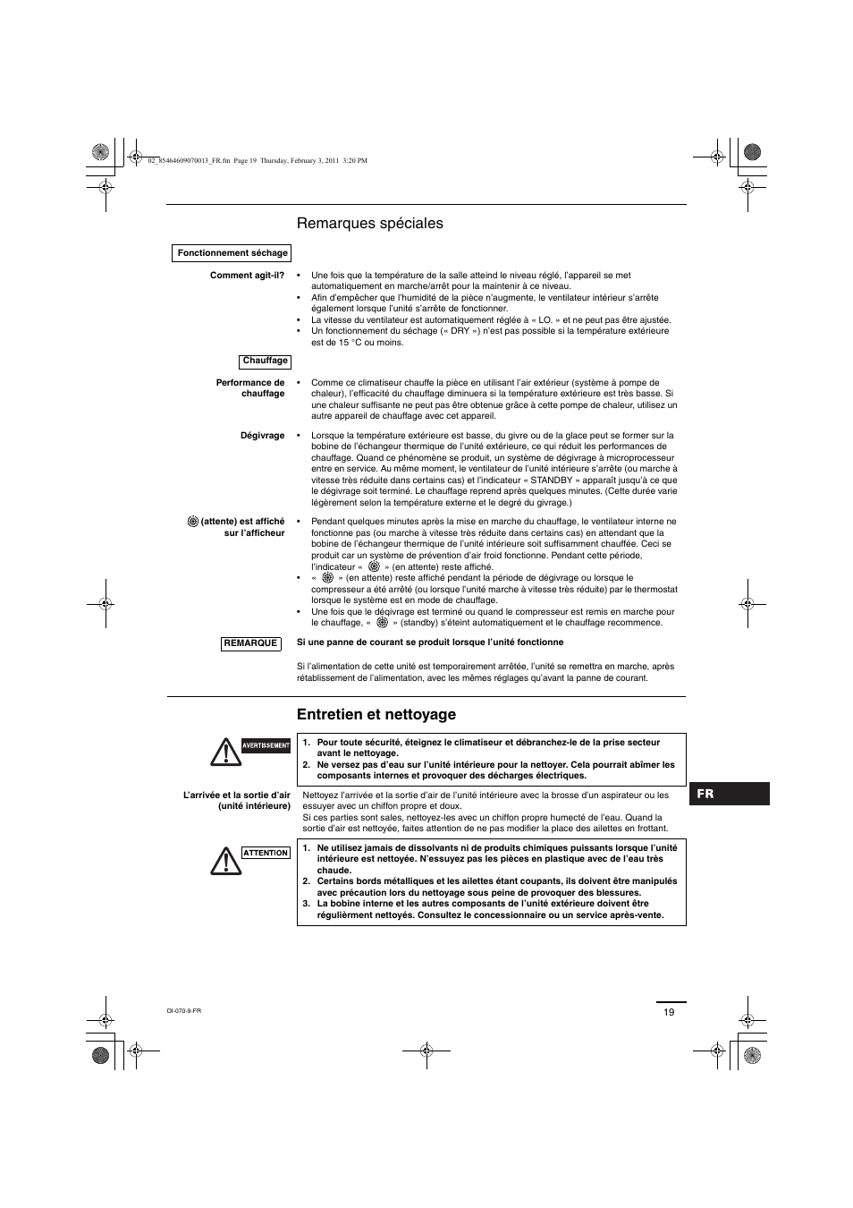 Remarques spéciales entretien et nettoyage | Panasonic Split System Air Conditioner User Manual | Page 19 / 80