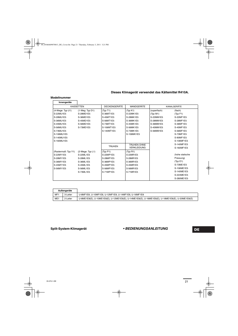 Bedienungsanleitung | Panasonic Split System Air Conditioner User Manual | Page 21 / 80