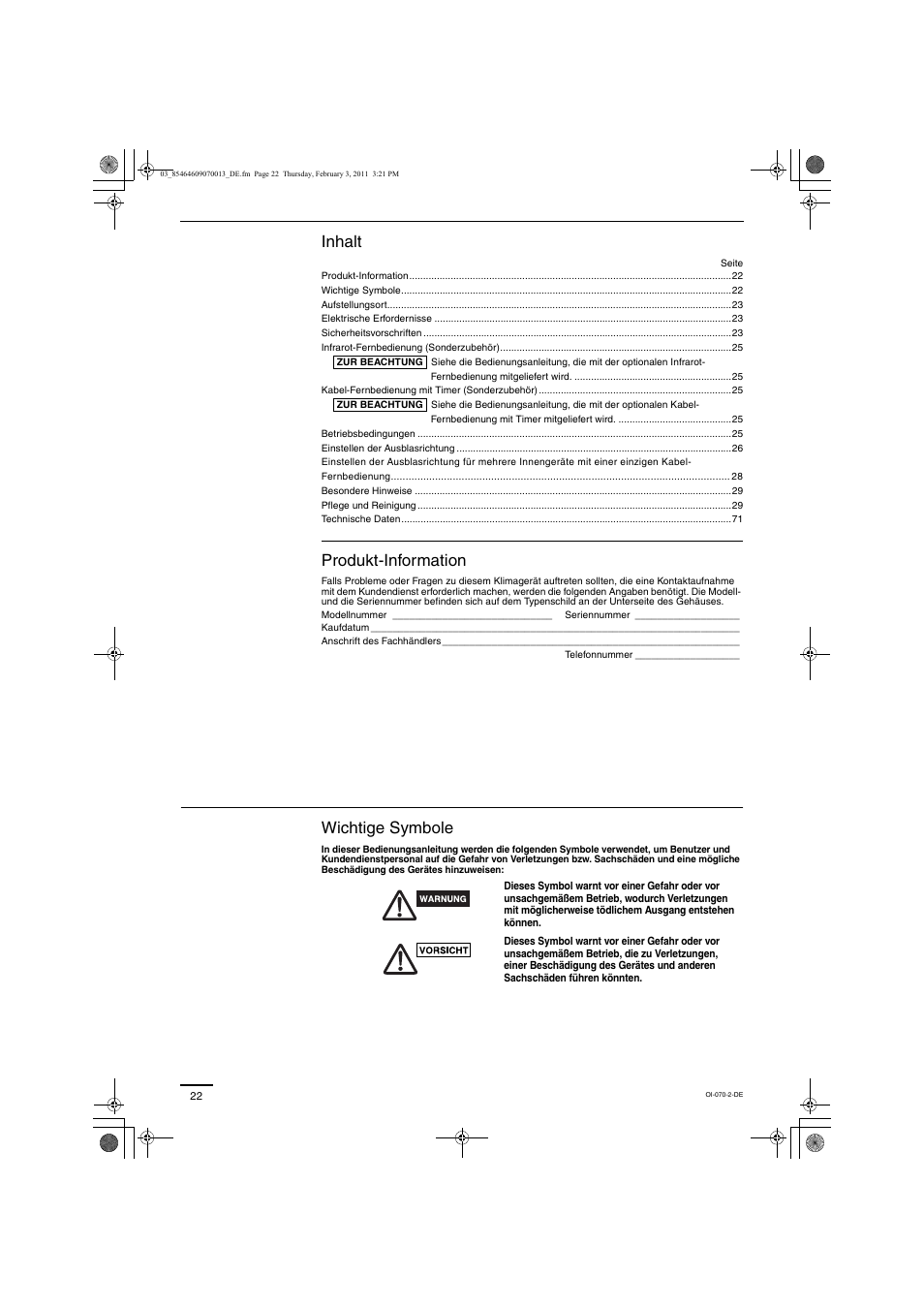 Inhalt, Produkt-information, Wichtige symbole | Panasonic Split System Air Conditioner User Manual | Page 22 / 80