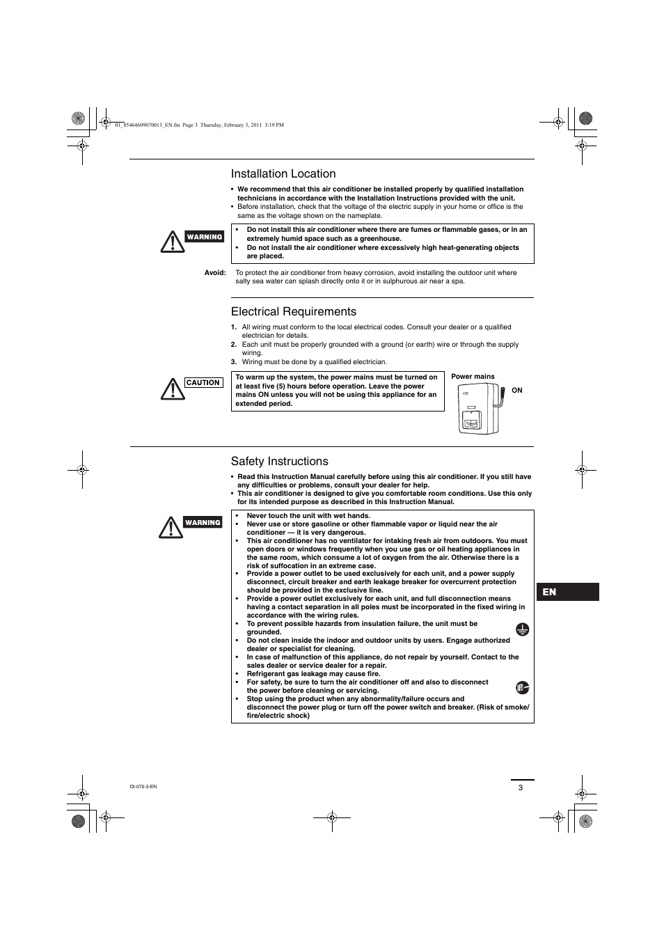 Installation location, Electrical requirements, Safety instructions | Panasonic Split System Air Conditioner User Manual | Page 3 / 80