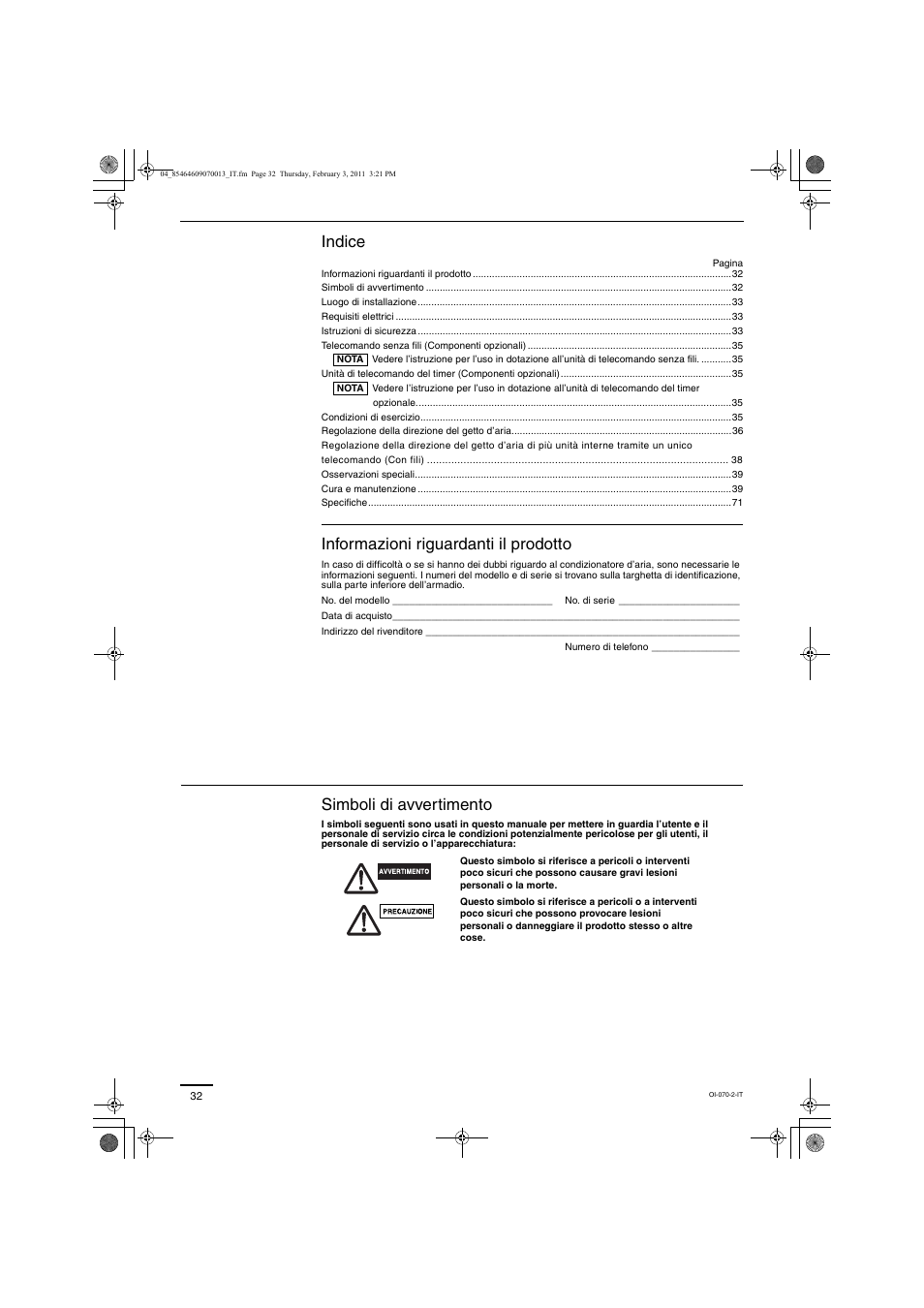 Indice, Informazioni riguardanti il prodotto, Simboli di avvertimento | Panasonic Split System Air Conditioner User Manual | Page 32 / 80