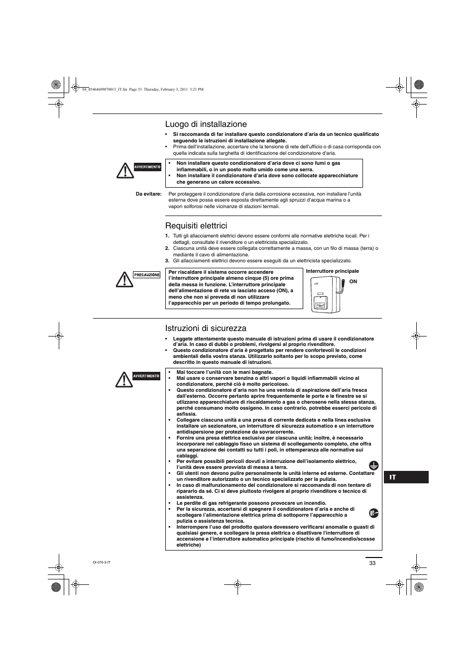 Luogo di installazione, Requisiti elettrici, Istruzioni di sicurezza | Panasonic Split System Air Conditioner User Manual | Page 33 / 80