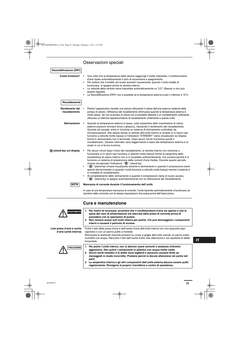Osservazioni speciali cura e manutenzione | Panasonic Split System Air Conditioner User Manual | Page 39 / 80