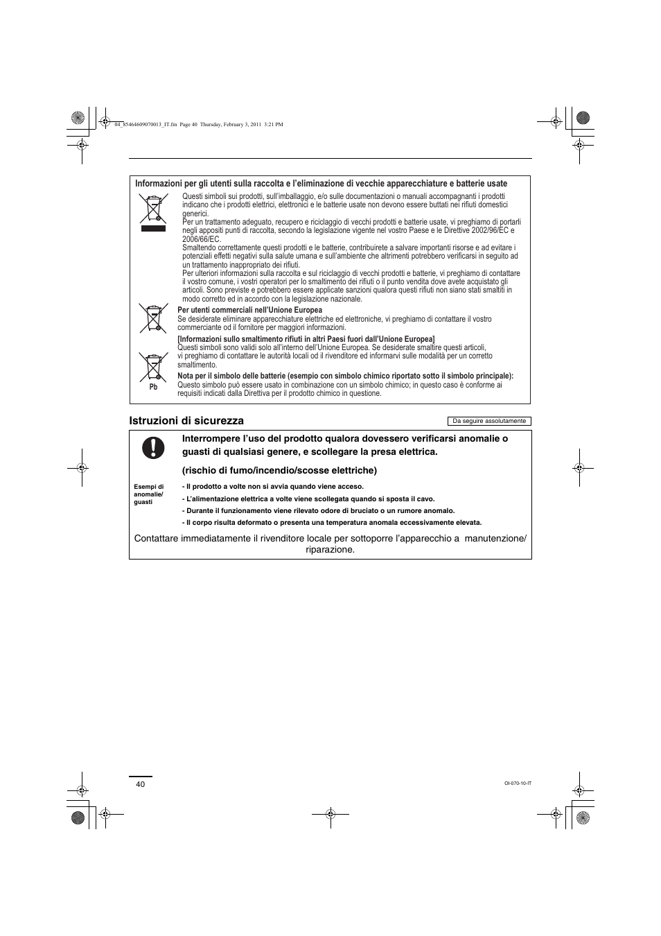 Istruzioni di sicurezza | Panasonic Split System Air Conditioner User Manual | Page 40 / 80