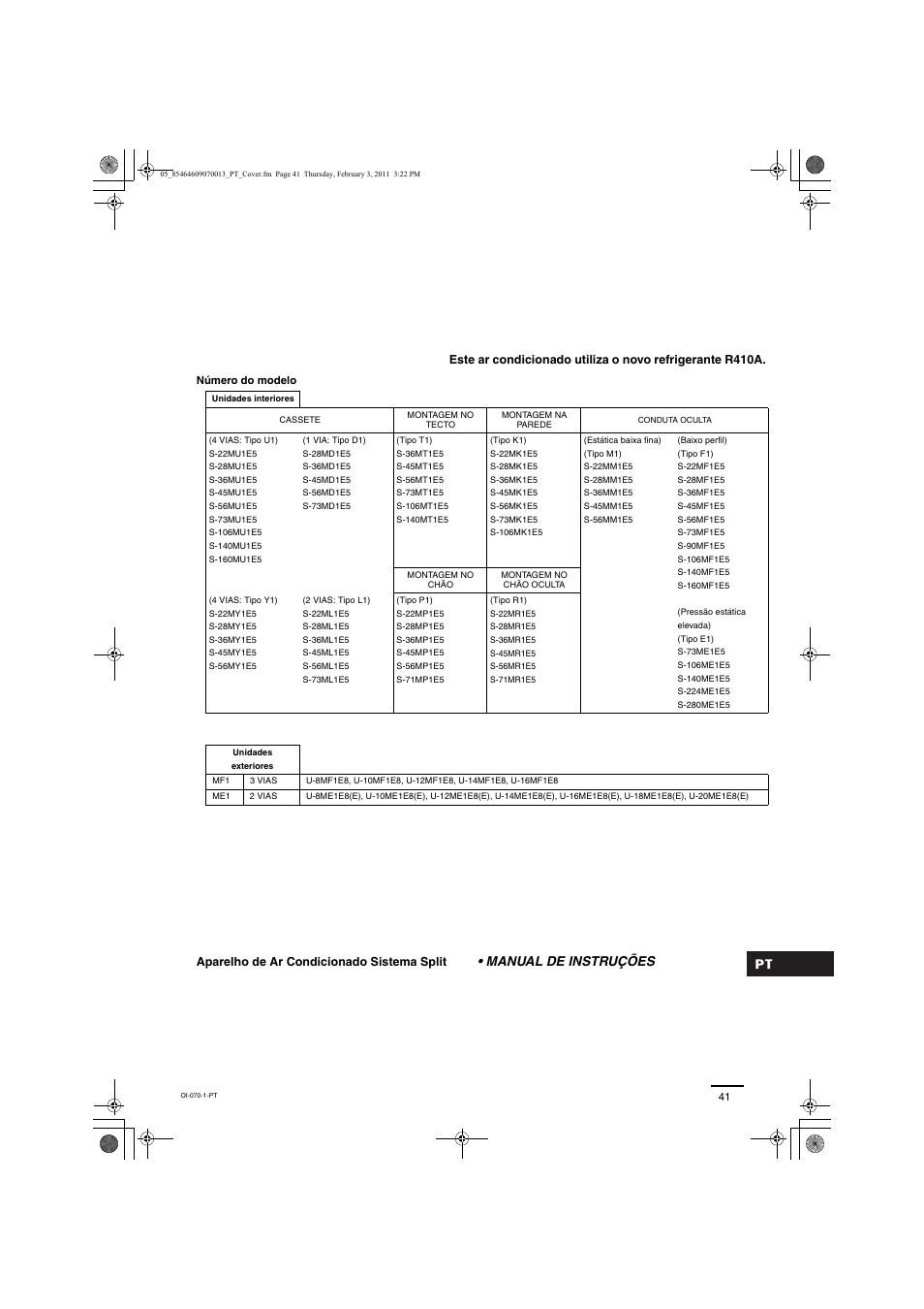 Manual de instruções | Panasonic Split System Air Conditioner User Manual | Page 41 / 80