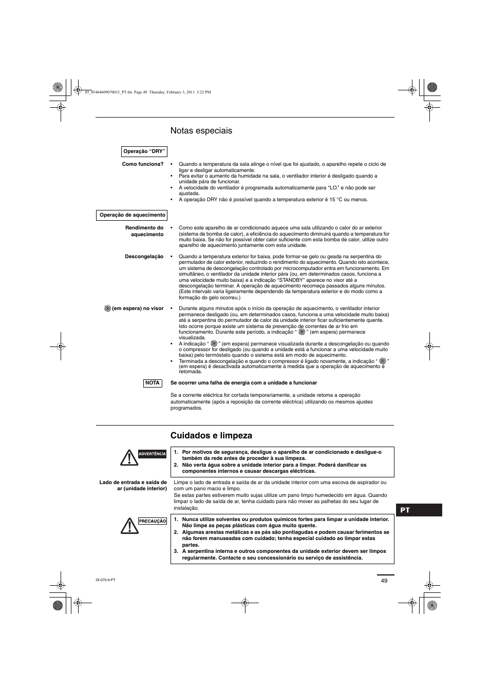 Notas especiais cuidados e limpeza | Panasonic Split System Air Conditioner User Manual | Page 49 / 80