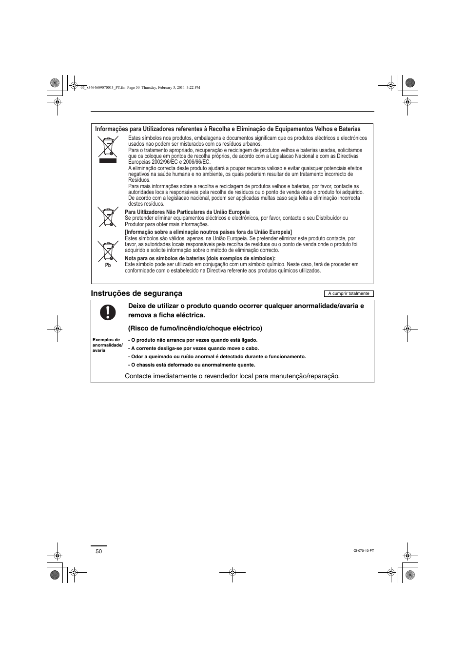Instruções de segurança | Panasonic Split System Air Conditioner User Manual | Page 50 / 80