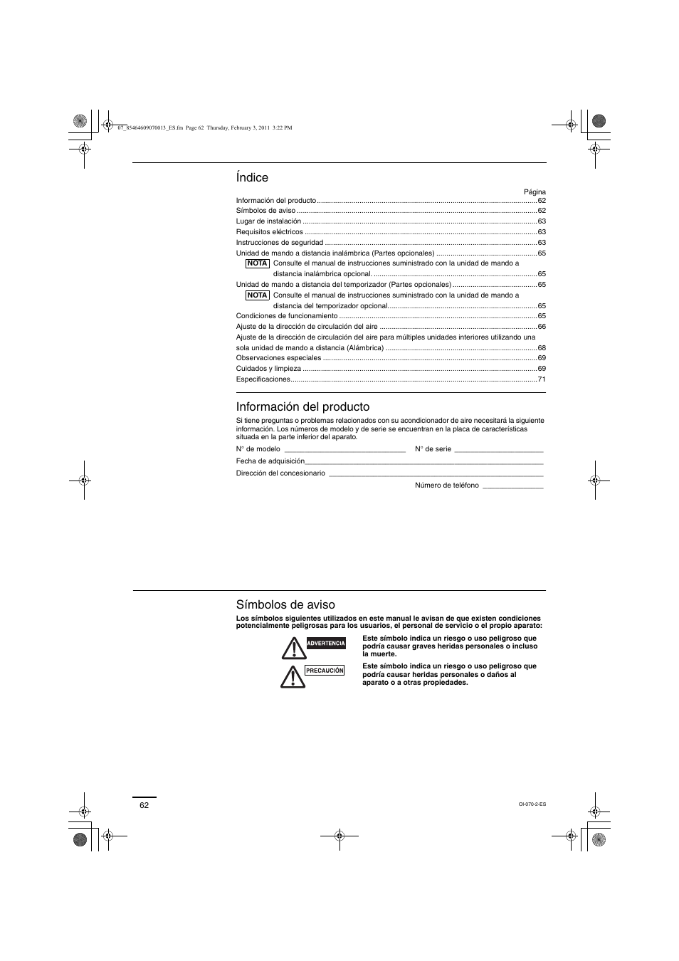 Índice, Información del producto, Símbolos de aviso | Panasonic Split System Air Conditioner User Manual | Page 62 / 80