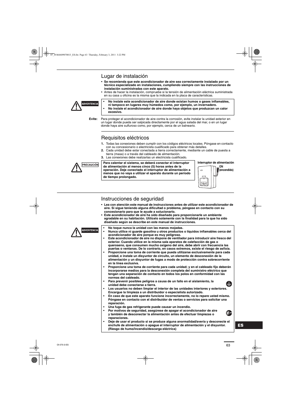 Lugar de instalación, Requisitos eléctricos, Instrucciones de seguridad | Panasonic Split System Air Conditioner User Manual | Page 63 / 80