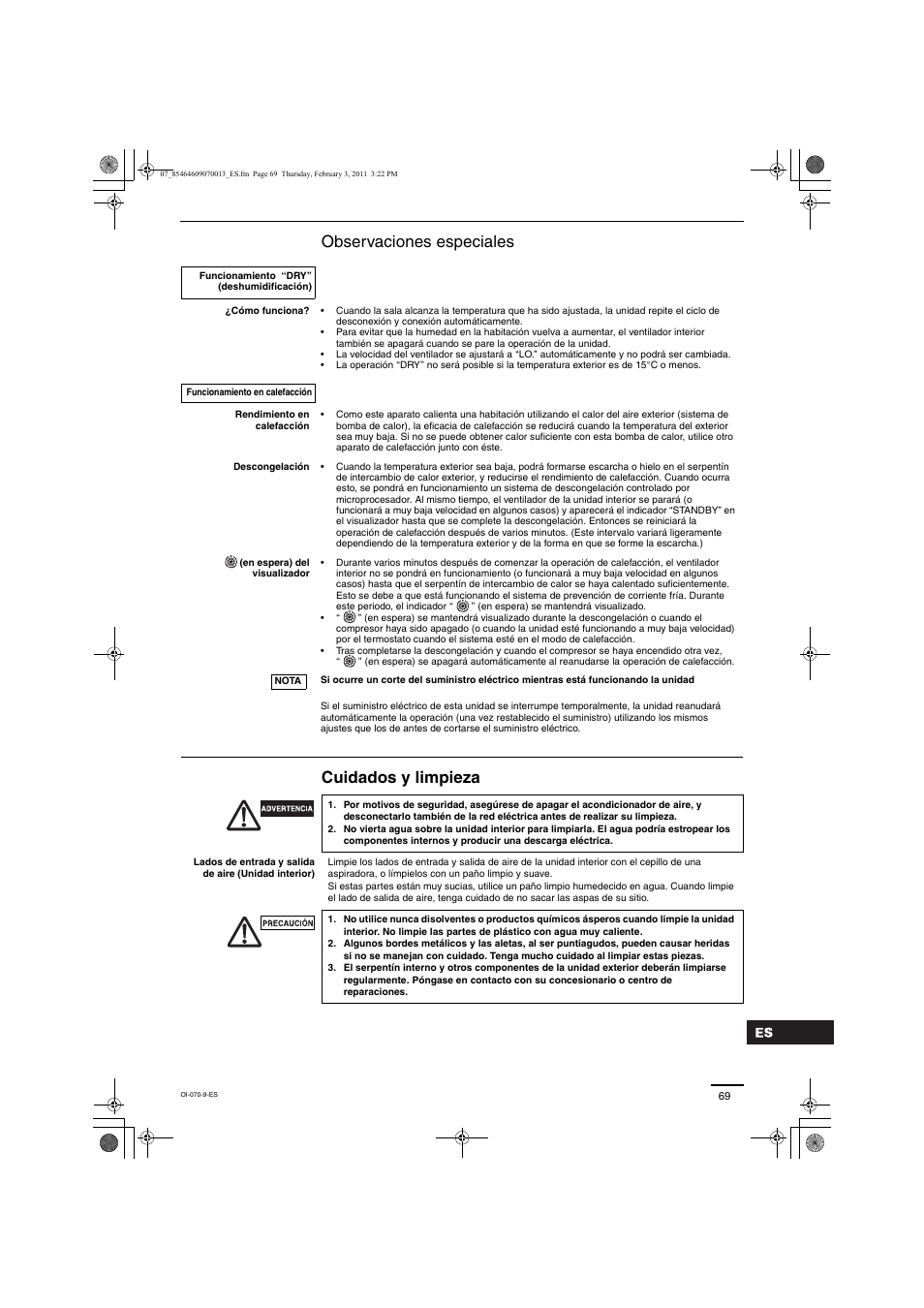 Observaciones especiales cuidados y limpieza | Panasonic Split System Air Conditioner User Manual | Page 69 / 80