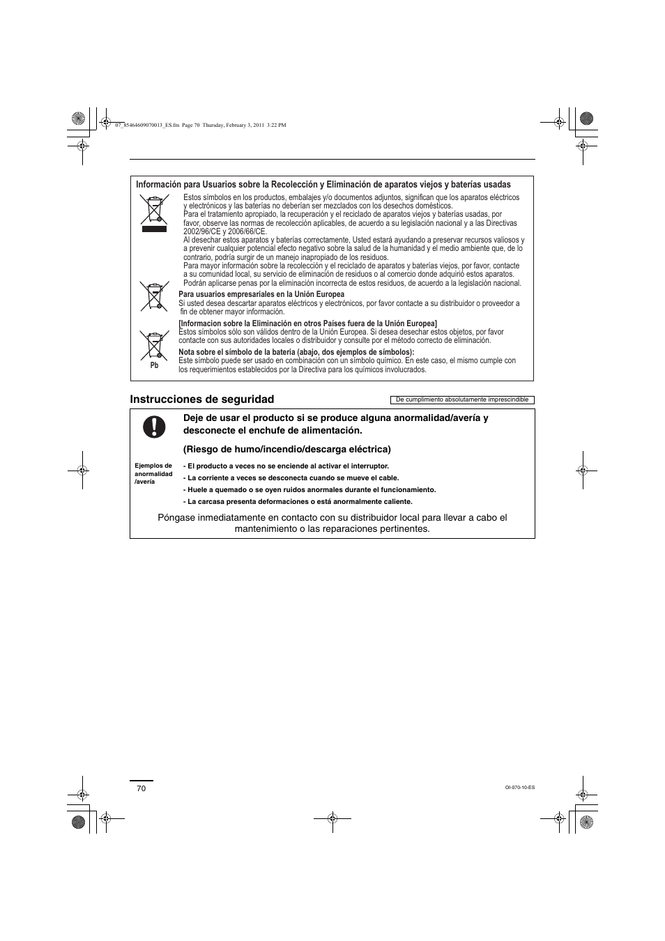 Instrucciones de seguridad | Panasonic Split System Air Conditioner User Manual | Page 70 / 80
