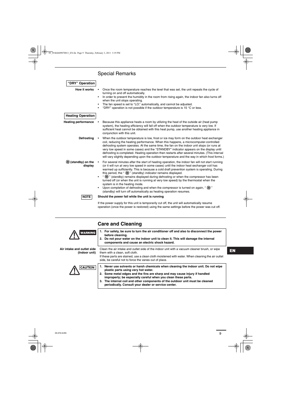 Special remarks care and cleaning | Panasonic Split System Air Conditioner User Manual | Page 9 / 80