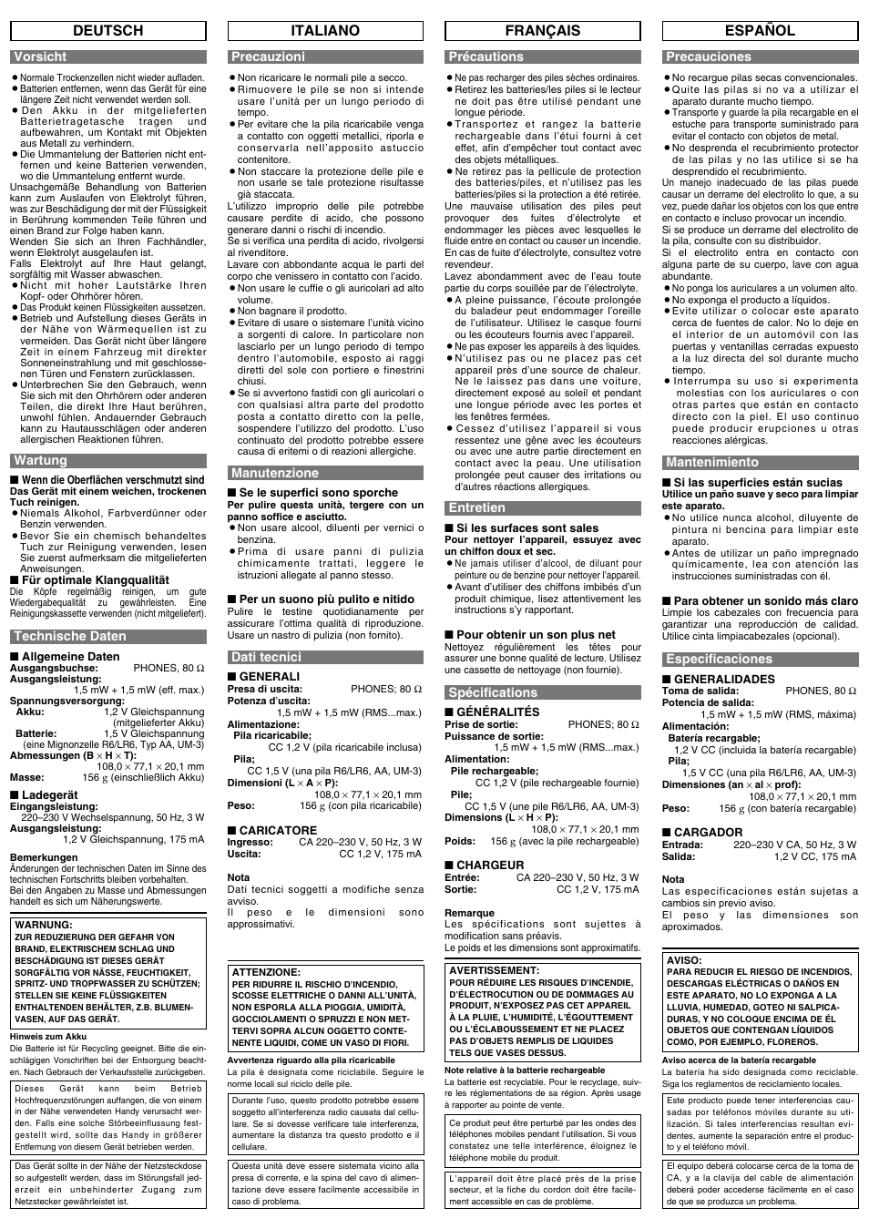 Deutsch italiano français español | Panasonic RQSX47 User Manual | Page 2 / 8