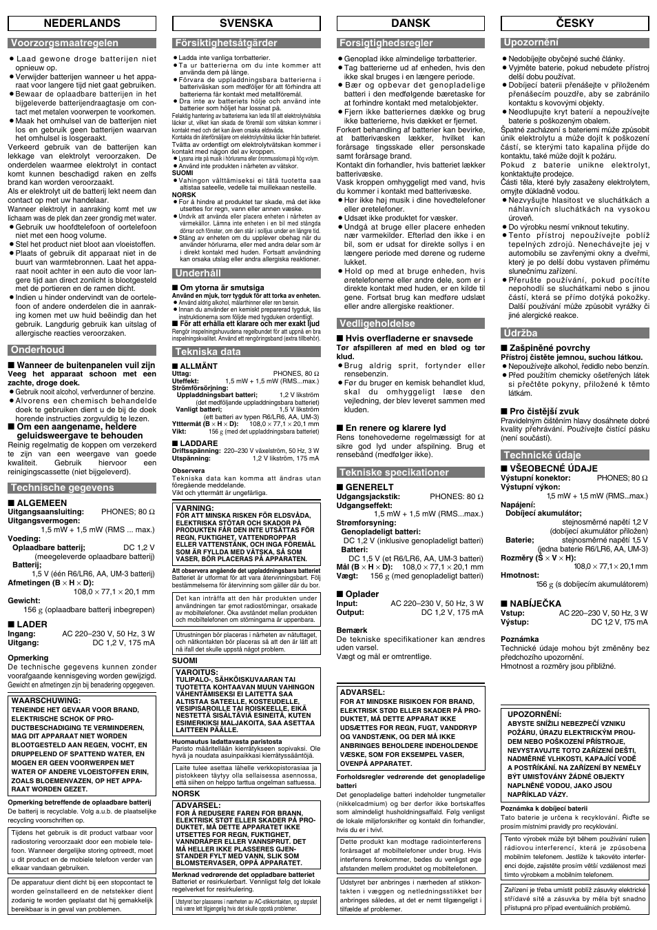 Nederlands svenska dansk, Çesky | Panasonic RQSX47 User Manual | Page 3 / 8