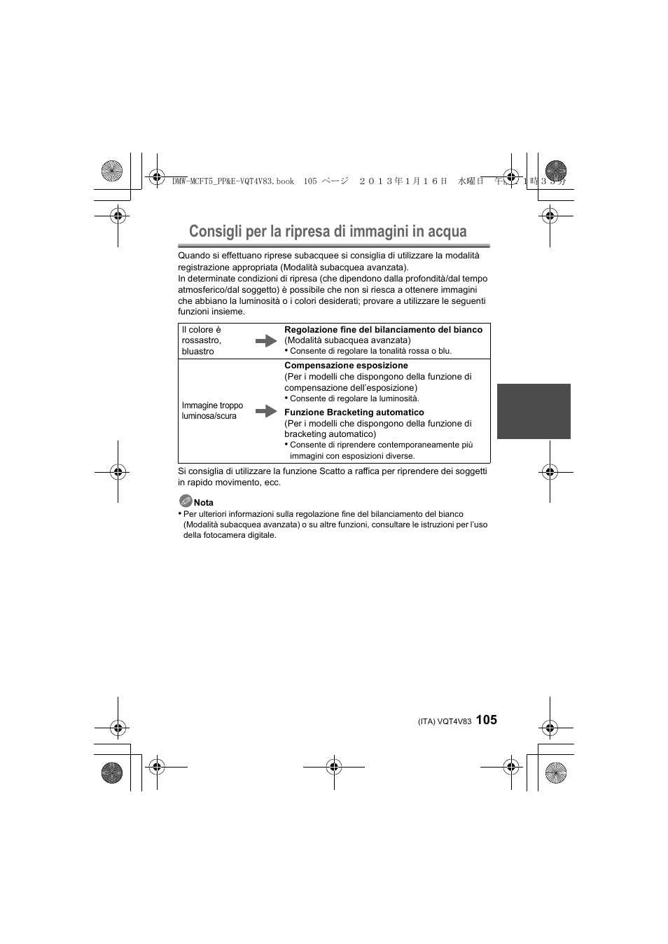 Consigli per la ripresa di immagini in acqua | Panasonic DMWMCFT5E User Manual | Page 105 / 160