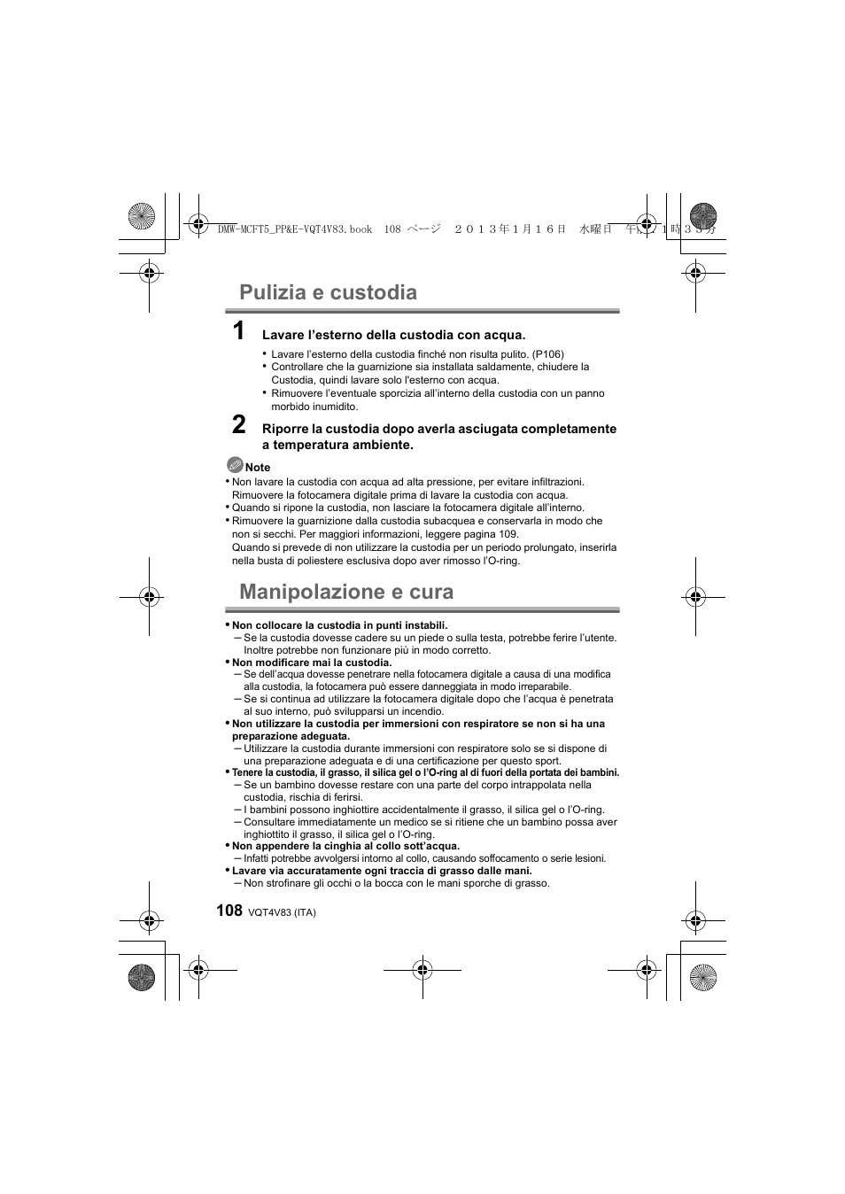 Pulizia e custodia, Manipolazione e cura | Panasonic DMWMCFT5E User Manual | Page 108 / 160