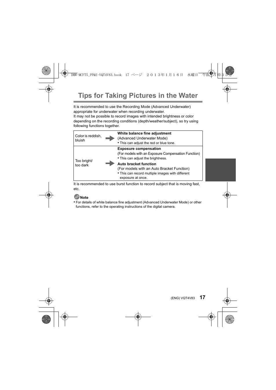 Tips for taking pictures in the water | Panasonic DMWMCFT5E User Manual | Page 17 / 160