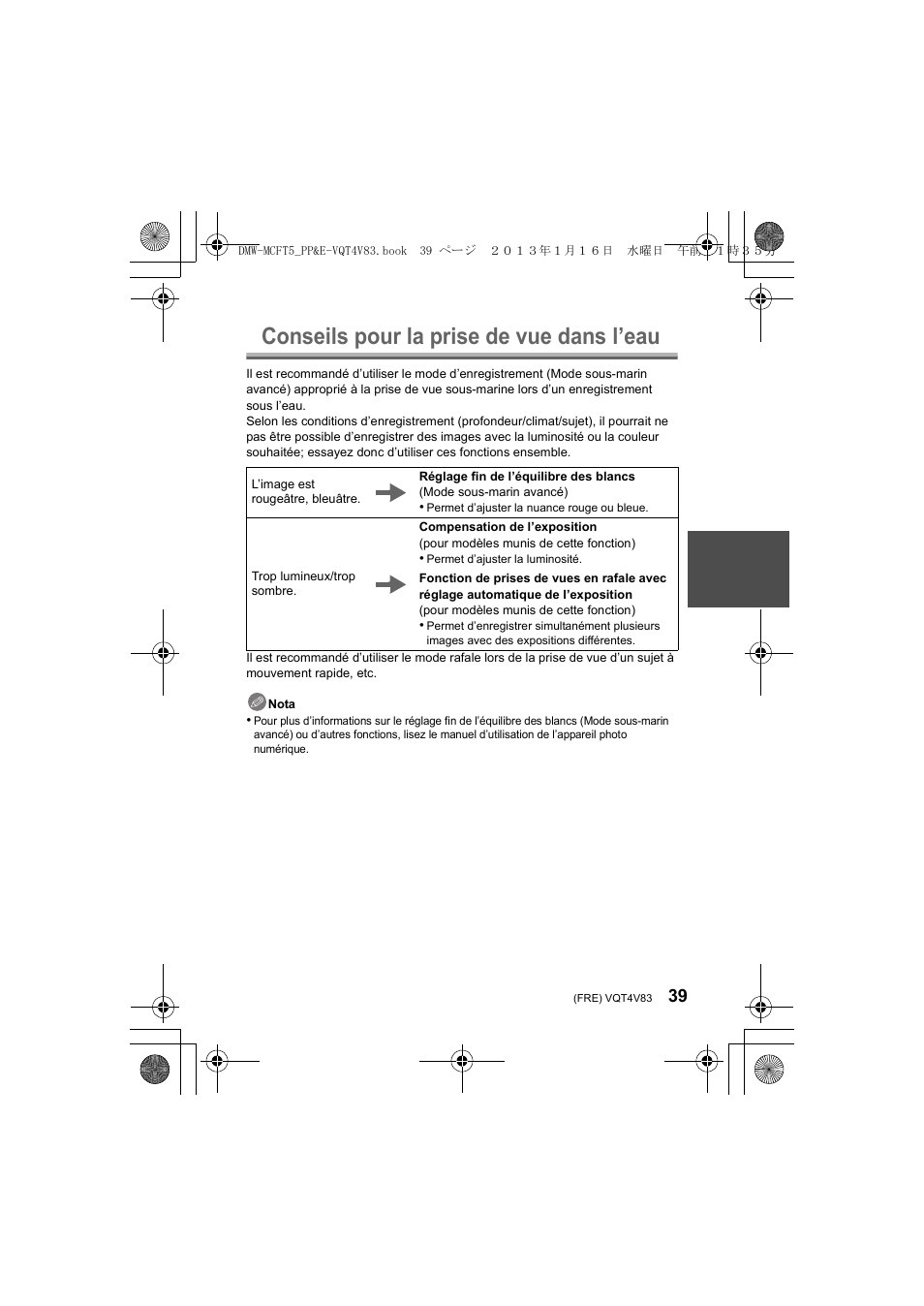 Conseils pour la prise de vue dans l’eau | Panasonic DMWMCFT5E User Manual | Page 39 / 160