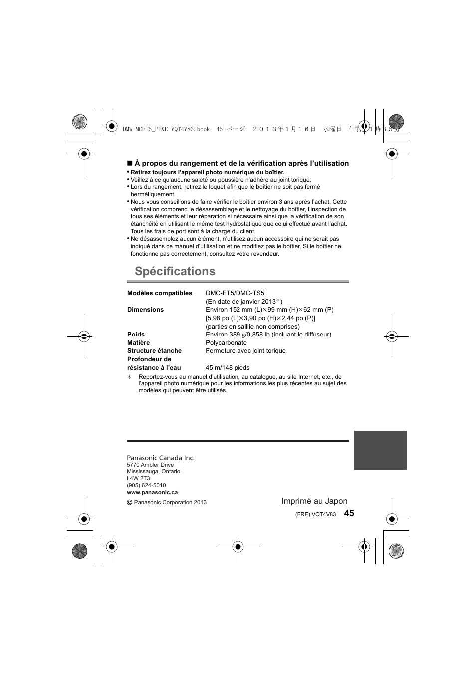 Spécifications | Panasonic DMWMCFT5E User Manual | Page 45 / 160