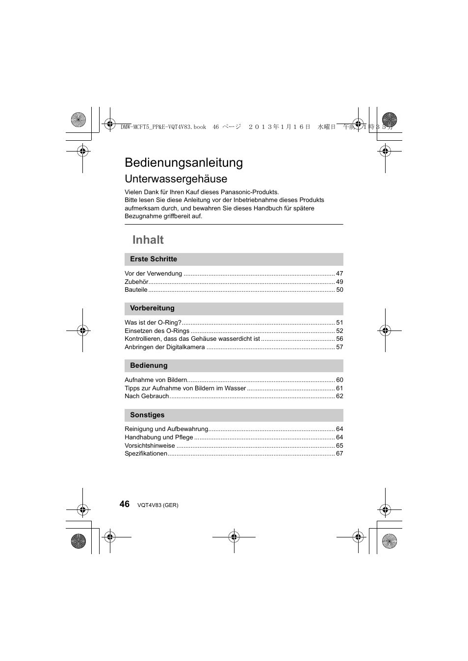 Bedienungsanleitung, Inhalt, Unterwassergehäuse | Panasonic DMWMCFT5E User Manual | Page 46 / 160