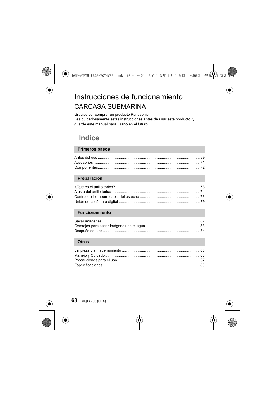 Instrucciones de funcionamiento, Indice, Carcasa submarina | Panasonic DMWMCFT5E User Manual | Page 68 / 160