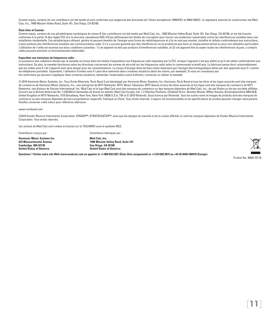 Rock Band Fender STRATOCASTER Wii User Manual | Page 11 / 35