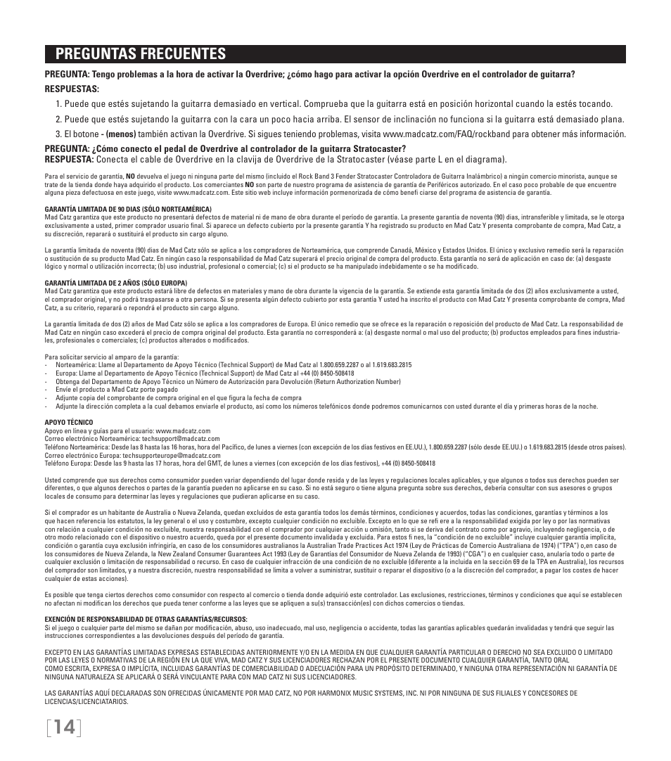 Preguntas frecuentes | Rock Band Fender STRATOCASTER Wii User Manual | Page 14 / 35