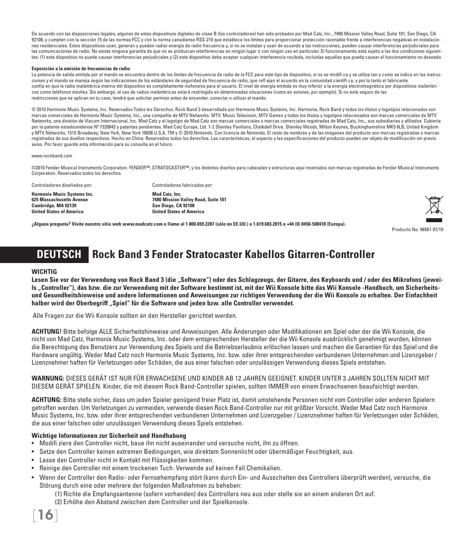 Rock Band Fender STRATOCASTER Wii User Manual | Page 16 / 35